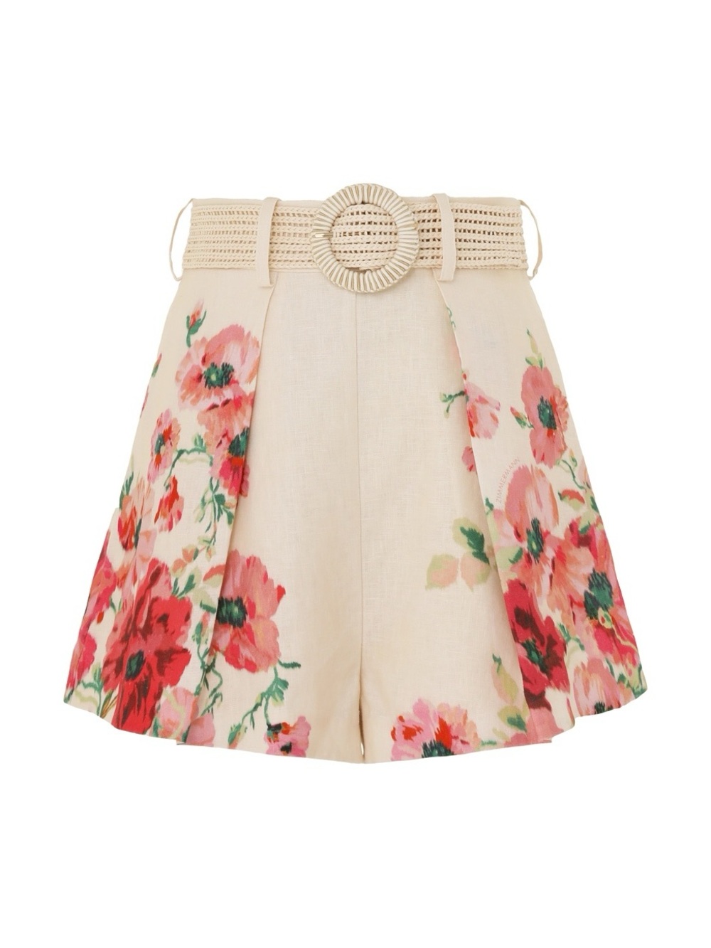 Authentic Zimmermann Lightburst Tuck Cream Red Floral Linen High-Waisted Shorts
